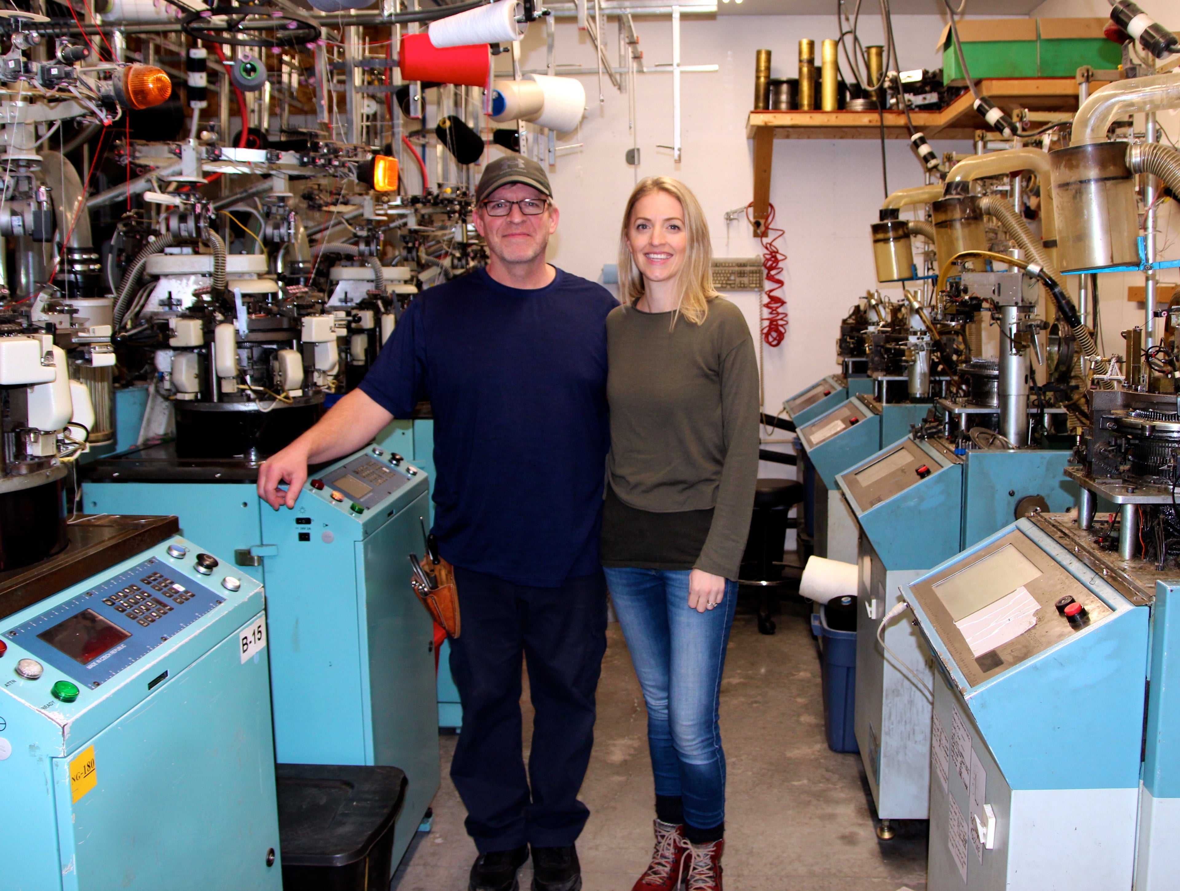 Sean Gallant & Robyn Phelan in their shop with sock machines
