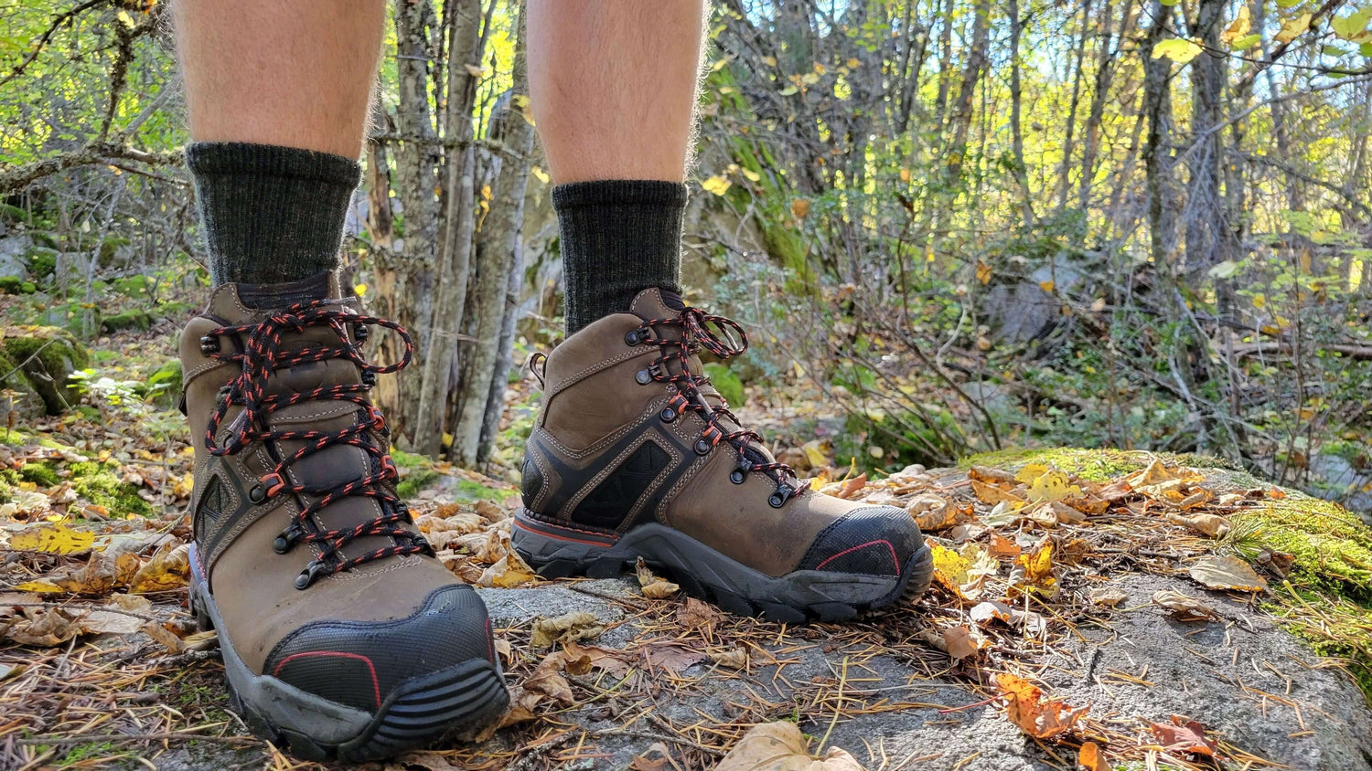 Forest Green Crew Midweight Merino Wool Kootenay Socks in hiking boots